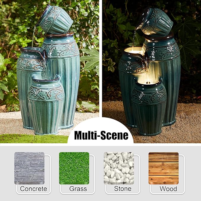 Glitzhome 27.25" H Outdoor Garden Water Fountain with LED Lights and Pump, 4 Tier Turquoise
