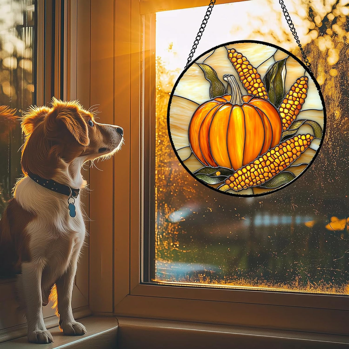 Stained Glass Window Hanging Autumn Harvest Pumpkin Corn 7.8" - Suncatcher Door Garden Kitchen