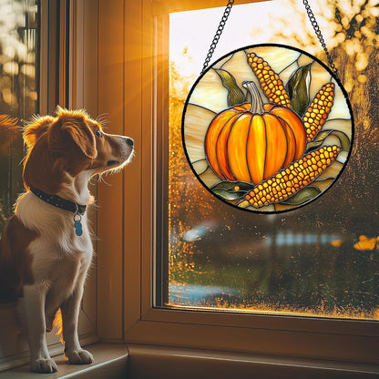 Stained Glass Window Hanging Autumn Harvest Pumpkin Corn 7.8" - Suncatcher Door Garden Kitchen