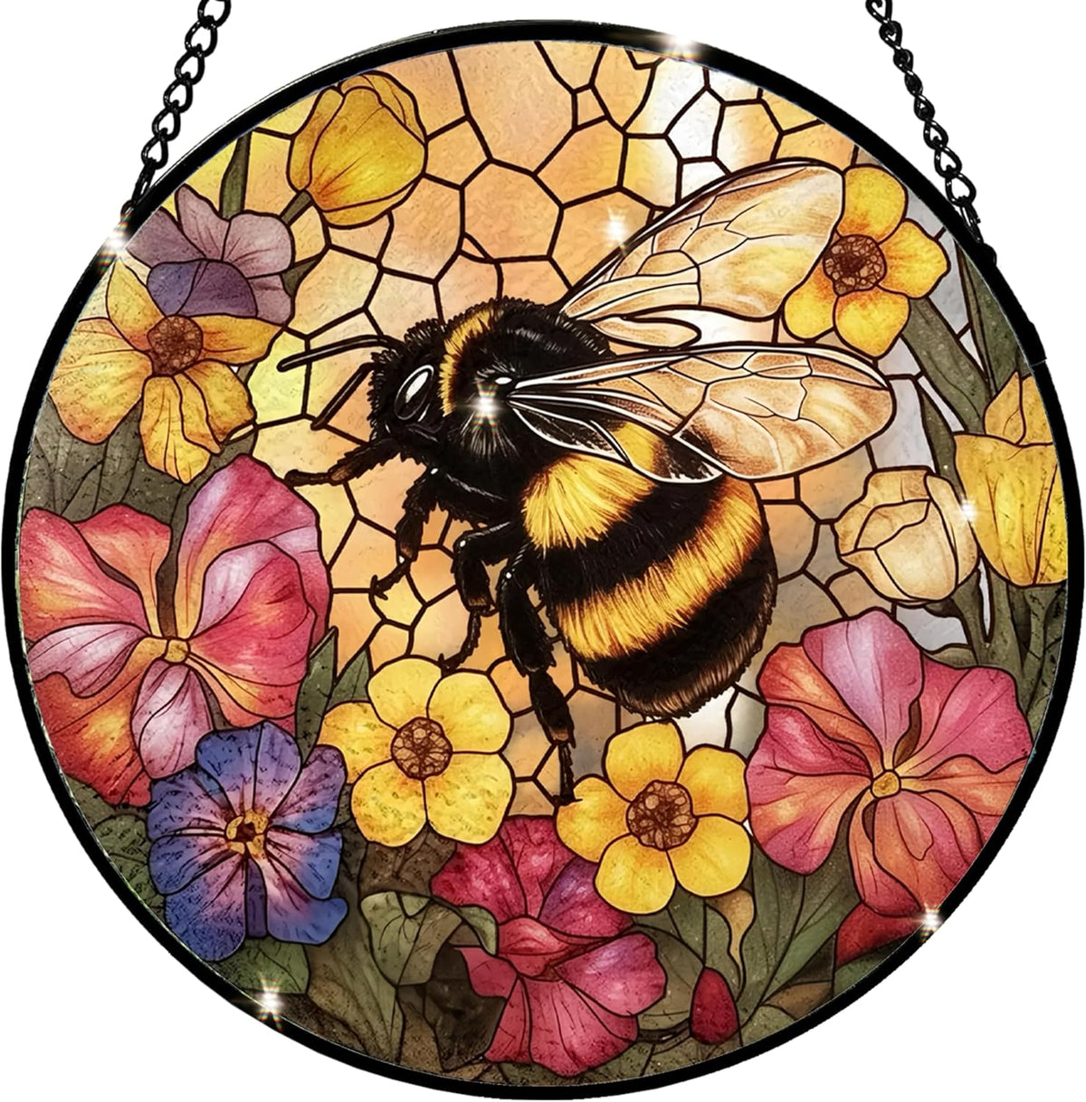 Bee Stained Glass Suncatcher - Handcrafted 7.87 inch suncatcher with Vibrant Wildflower Stained