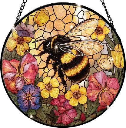 Bee Stained Glass Suncatcher - Handcrafted 7.87 inch suncatcher with Vibrant Wildflower Stained