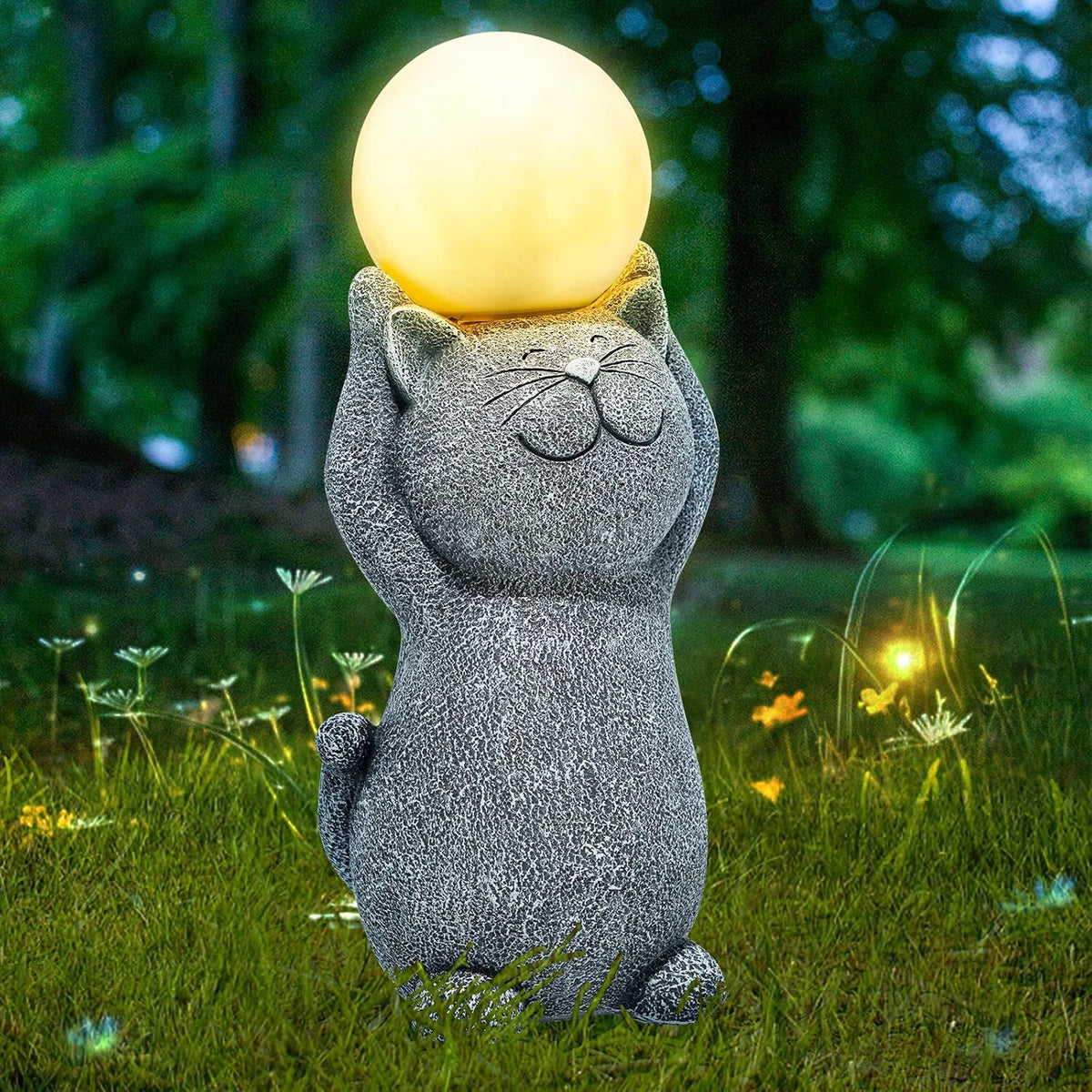 Solar Garden Decor Cat Moon Outdoor Statue and Figurine Lights, Outdoor Patio Sculpture Decor LED