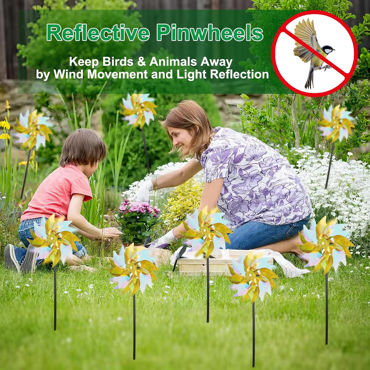 winemana 12 Pcs Reflective Pinwheels Outdoor, Wind Spinners for Yard & Garden, Sparkly Bird