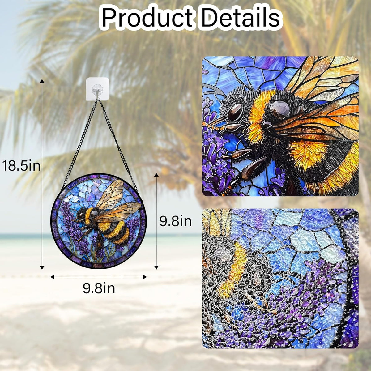 Stained Glass Window Hanging, Bee Lavender Sun Catchers Diamond Glass Panel Hangings Insect