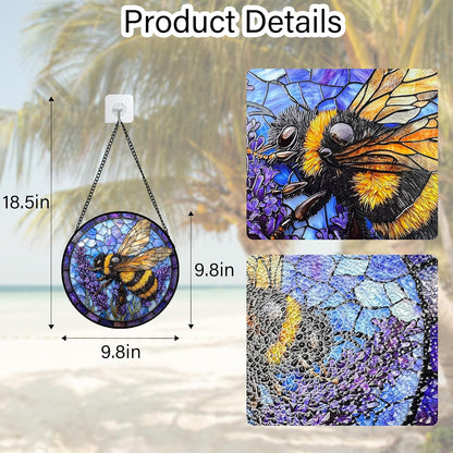 Stained Glass Window Hanging, Bee Lavender Sun Catchers Diamond Glass Panel Hangings Insect