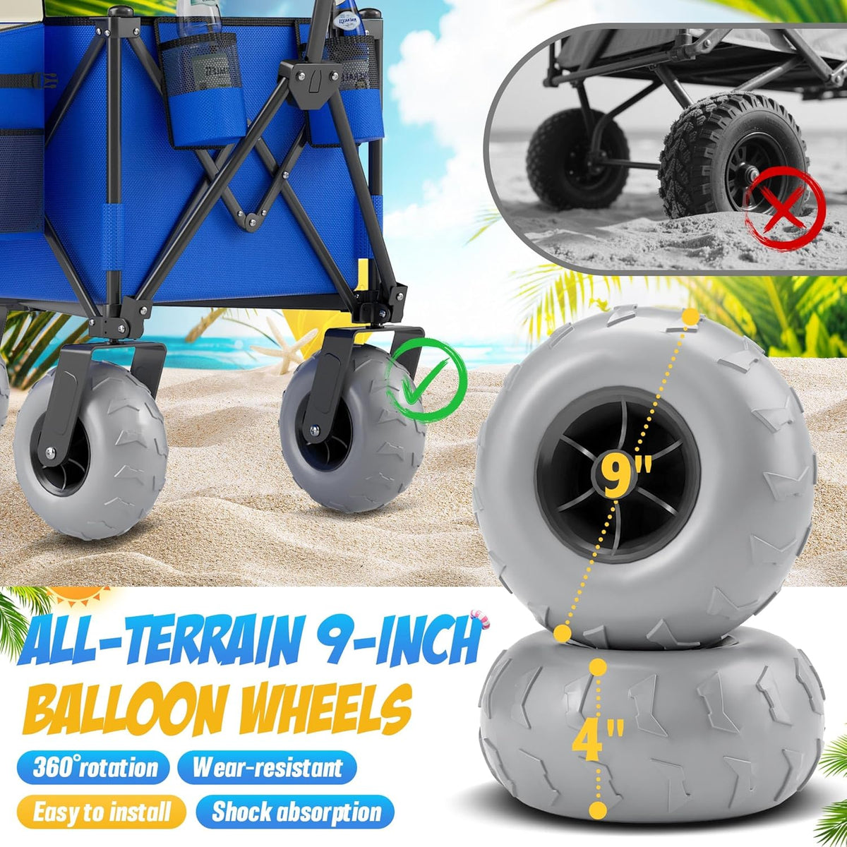 Beach Wagon with Big Wheels for Sand, 450lbs Heavy Duty Folding Wagon, Oversized 200L, 9" PVC