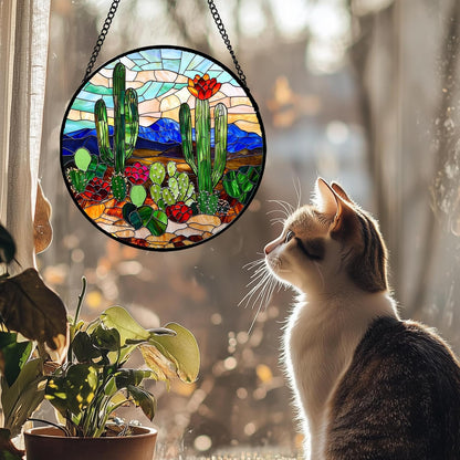 Stained Glass Window Hanging, Green Cactus Suncatcher for Doors Window Home Plant Landscape Sun