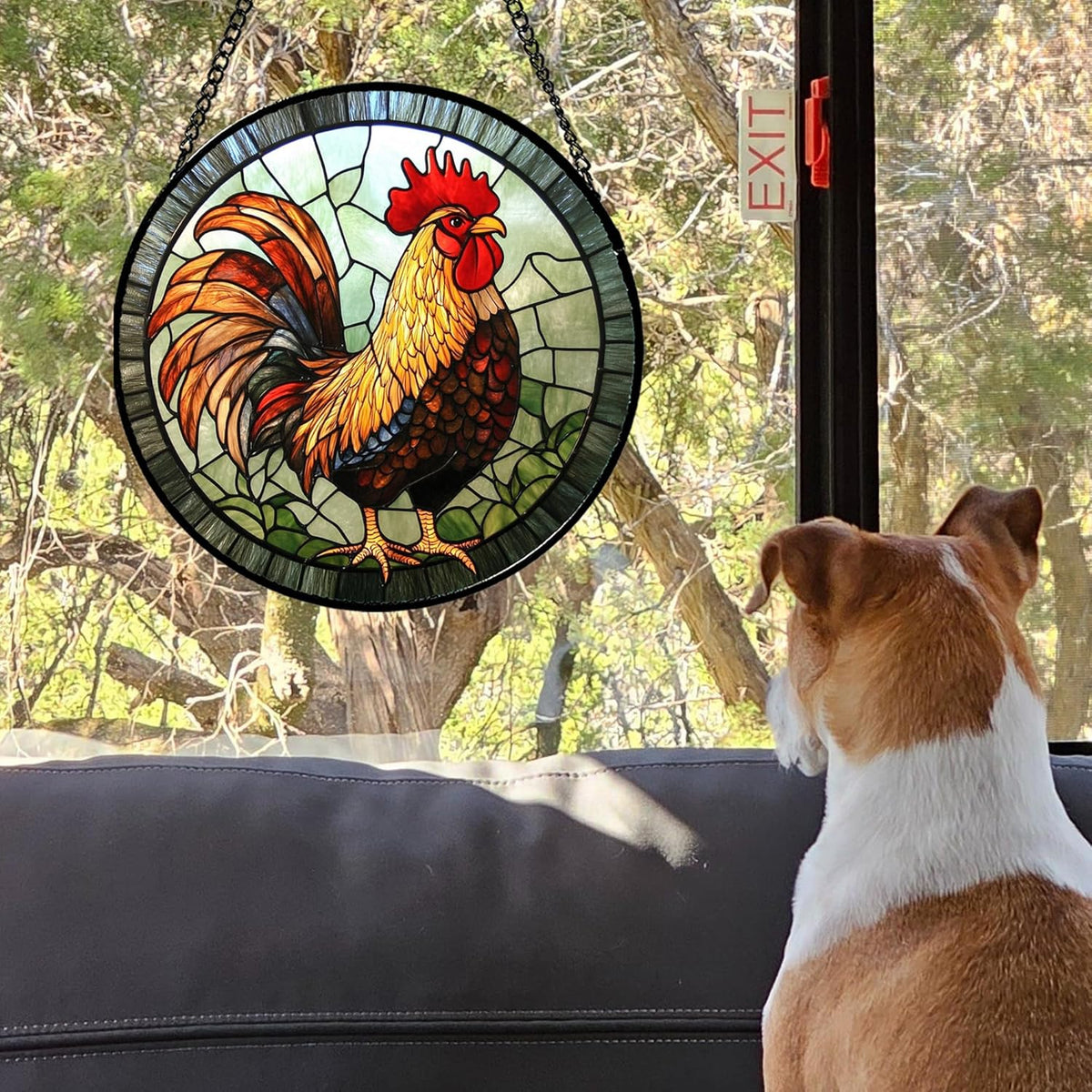 Stained Glass Window Hanging - Rooster Suncatcher for Doors Garden Patio Retro PColored Chicken Sun