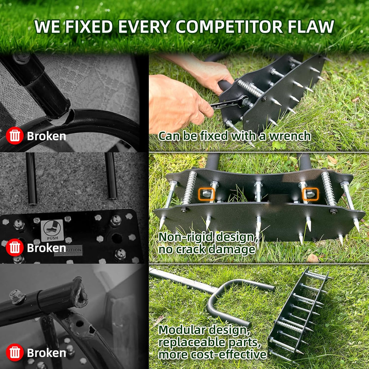 [Bolt-On Base] Lawn Aerator - Kick to Unclog Jammed Springs in 3 Secs! No Welding to Ever Break