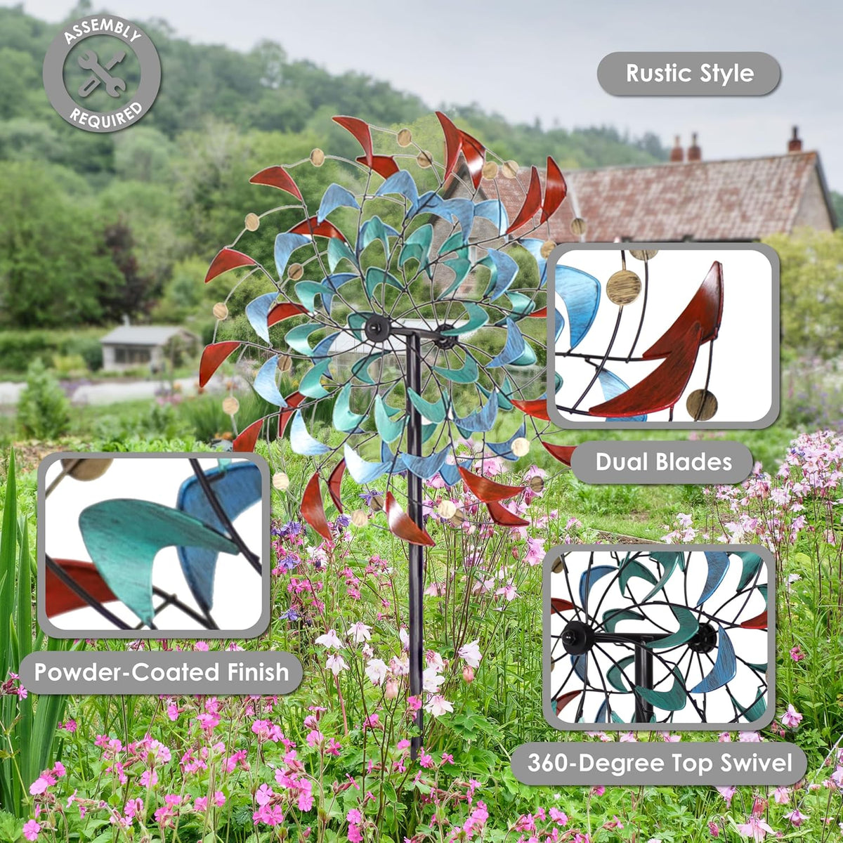 Sunnydaze Rainbow Breezes Metal Garden Wind Spinner - Removable Pole Sections for Adjustable Height
