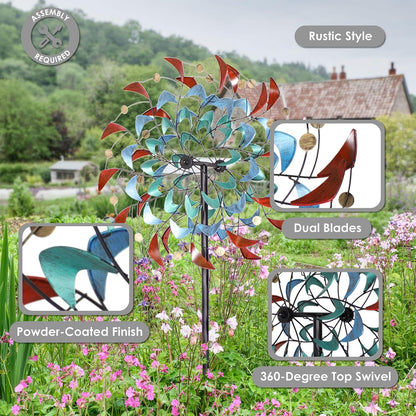 Sunnydaze Rainbow Breezes Metal Garden Wind Spinner - Removable Pole Sections for Adjustable Height