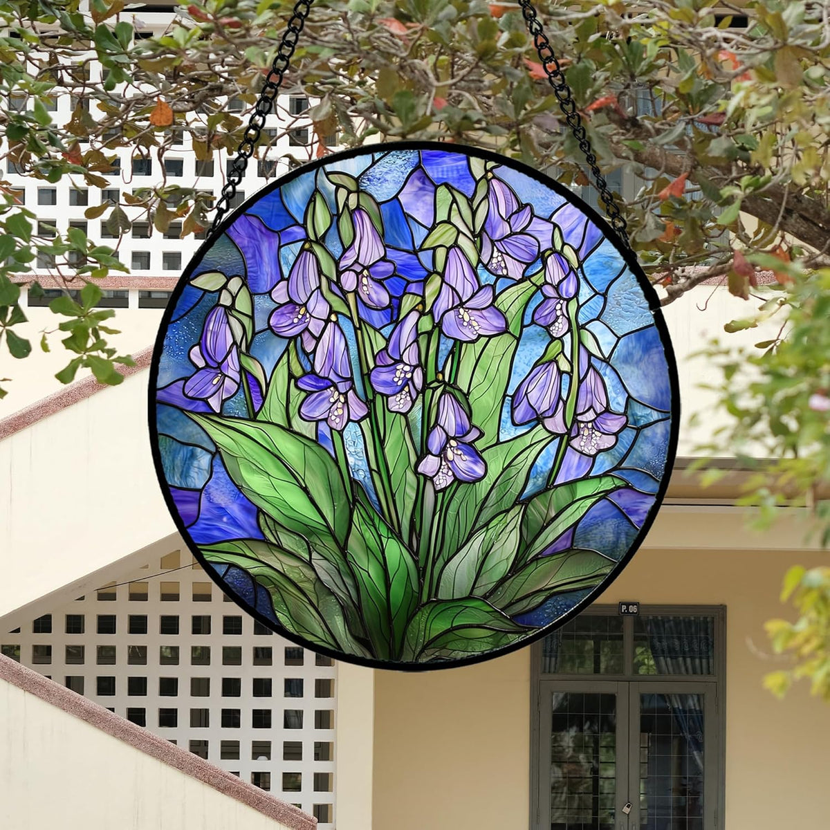 Stained Glass Suncatcher, Blue Purple Flowers Green Leaves Sun Catcher Plants Stain Glass Window