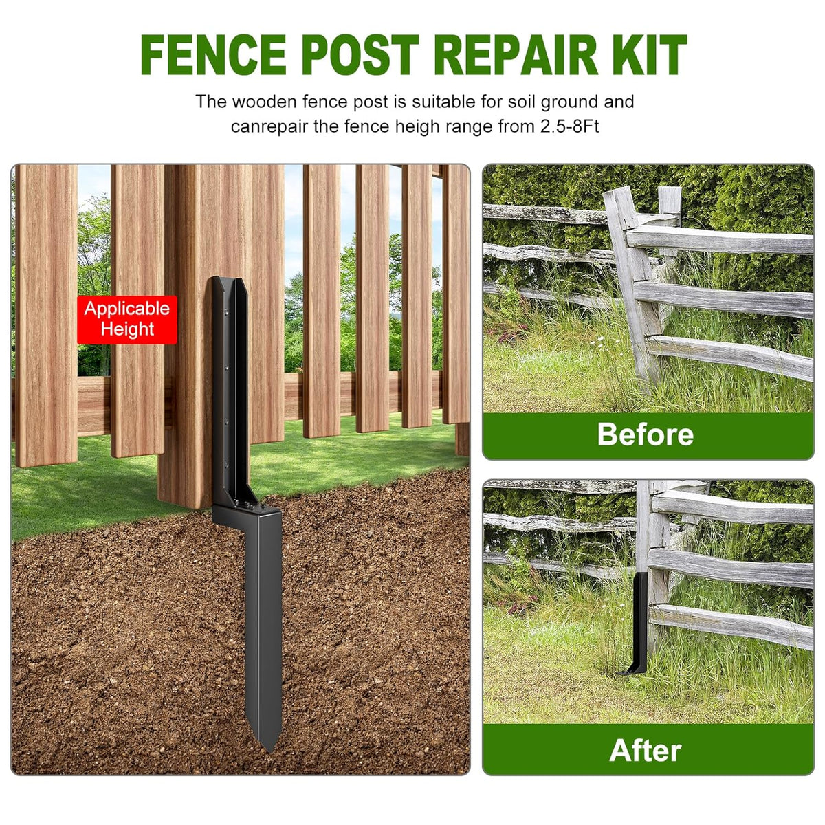 Fence Post Repair Kit，Heavy Duty Steel Fence Post Anchor Ground Spike ，Quick Fix Broken/Leaning