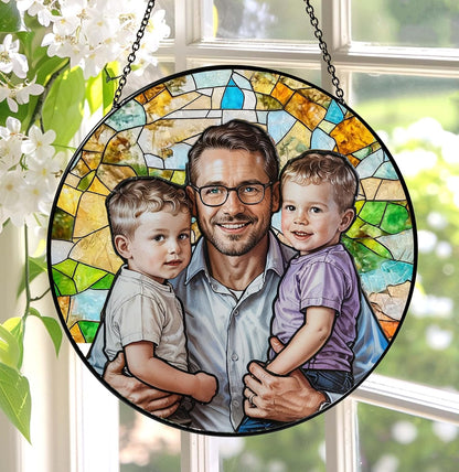 LOVELYPOD Personalized Dad Stained Glass Sun Catcher, Photo Family Portrait Faux Window Hanging