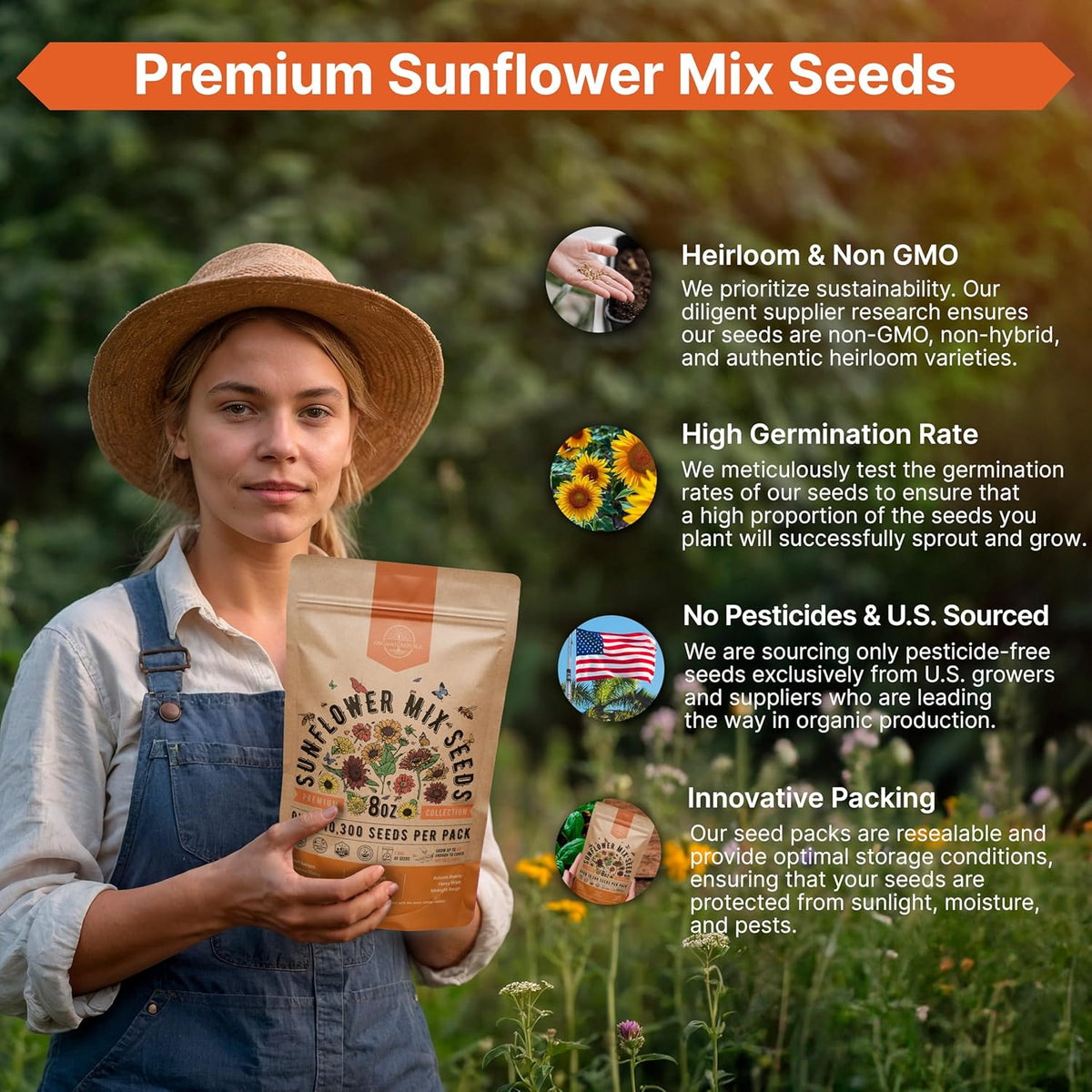 Sunflower Mix Seeds Pack 8 oz - Over 10,300 Non-GMO Heirloom Sunflower Seeds for Planting, Annual