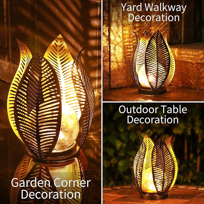 Solar Garden Lights Waterproof Decorations,Crackle Globe Glass,Metal Palm Leaf Solar Lights for