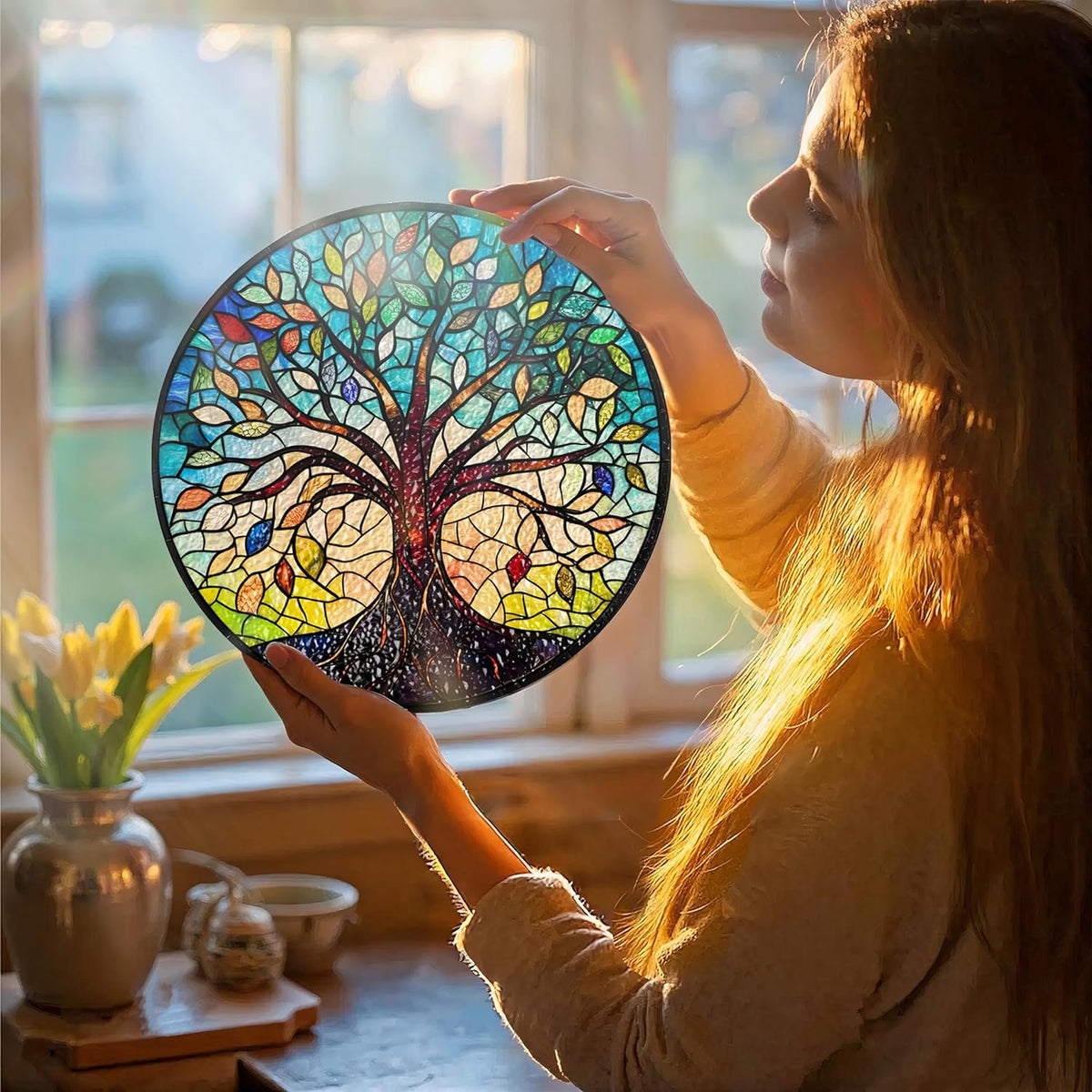 Tree of Life Stained Glass Sun Catcher - Handcrafted 7.87 Inch, Blue Sun Catcher Decoration