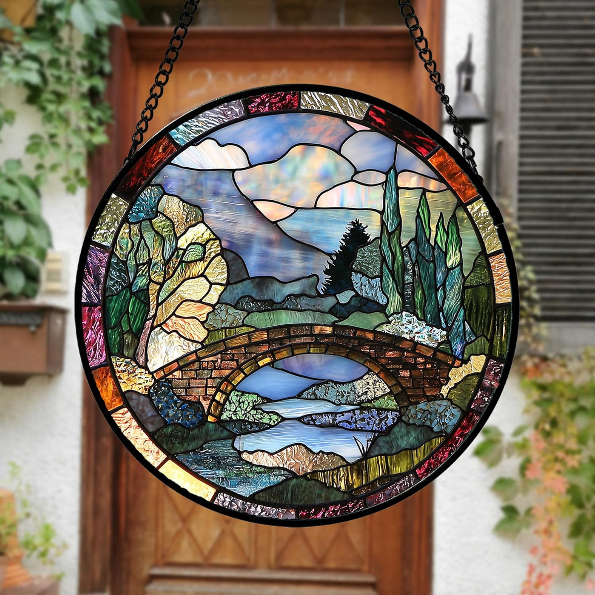Stained Glass Window Hanging, Blue Landscape Arch Bridge Sun Catcher for Door Home Decor Suncatcher