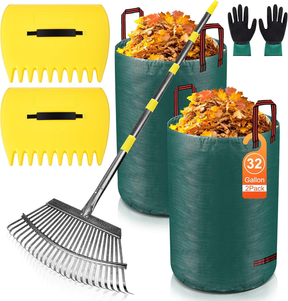 Adjustable Garden Leaf Rake Set, 18" Wide, 25 Tines, 37-79" Handle Metal Leaf Rake with 2 Pack 32