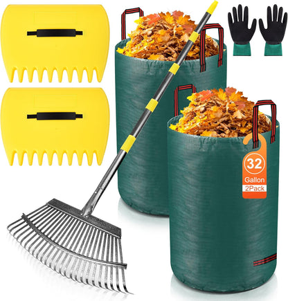 Adjustable Garden Leaf Rake Set, 18" Wide, 25 Tines, 37-79" Handle Metal Leaf Rake with 2 Pack 32