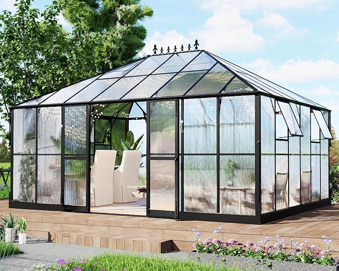 HOWE 16x12x9.5 FT Polycarbonate Greenhouse for Outdoors, Pavilion Style Greenhouse with 4 Vent