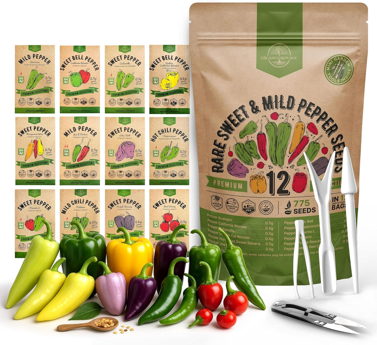 Organo Republic 12 Rare Sweet & Mild Pepper Seeds Variety Pack - 770+ Non-GMO Heirloom Pepper Seeds
