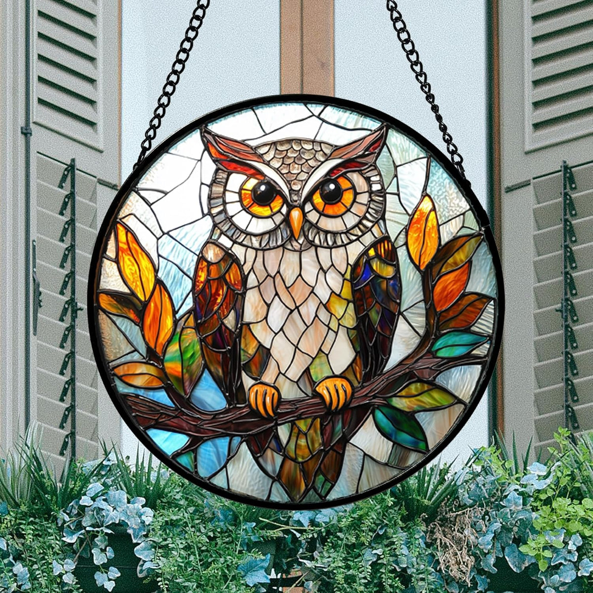 Stained Glass Window Hanging, Owl Colorful Leaves Birds Sun Catchers Diamond Glass Panel Hangings