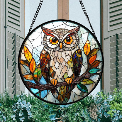 Stained Glass Window Hanging, Owl Colorful Leaves Birds Sun Catchers Diamond Glass Panel Hangings
