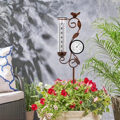 32" Garden Rain Gauge with Thermometer - 7" Glass Tube for Outdoor Indoor Use, Patio Yard Decor