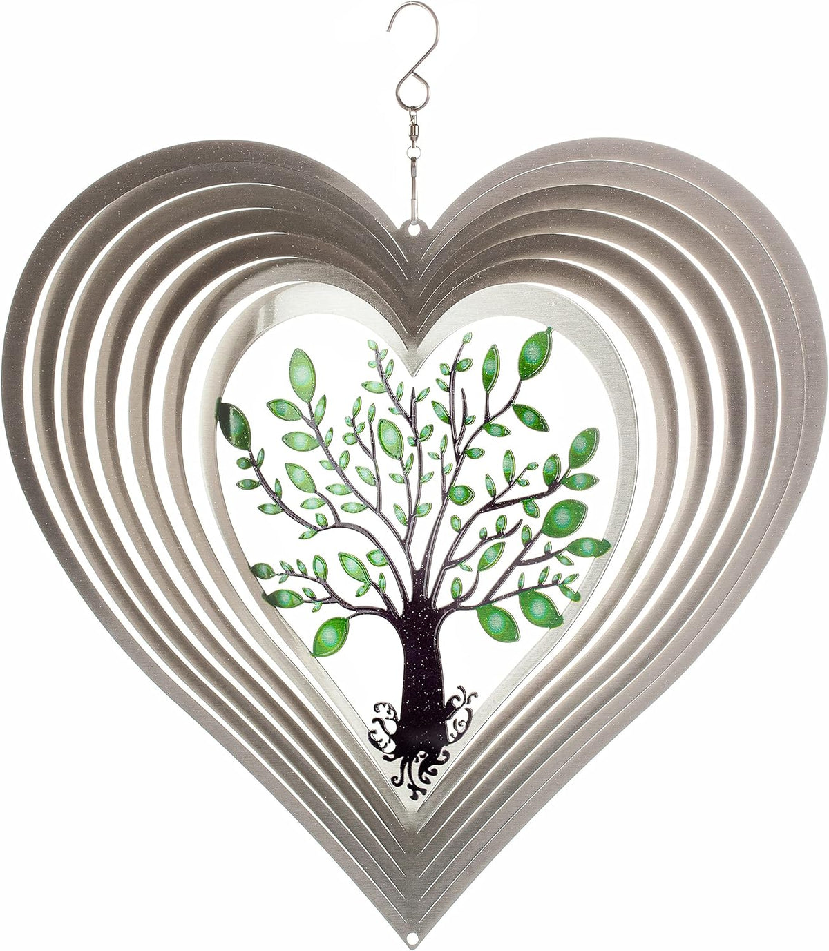 ISEO Silver Heart Wind Spinner for Yard and Garden, Hanging Outdoor Decor, Porch and Patio