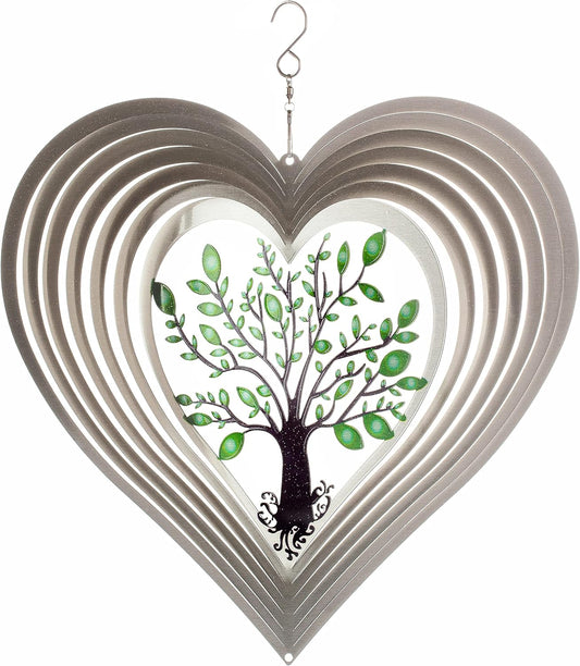 ISEO Silver Heart Wind Spinner for Yard and Garden, Hanging Outdoor Decor, Porch and Patio