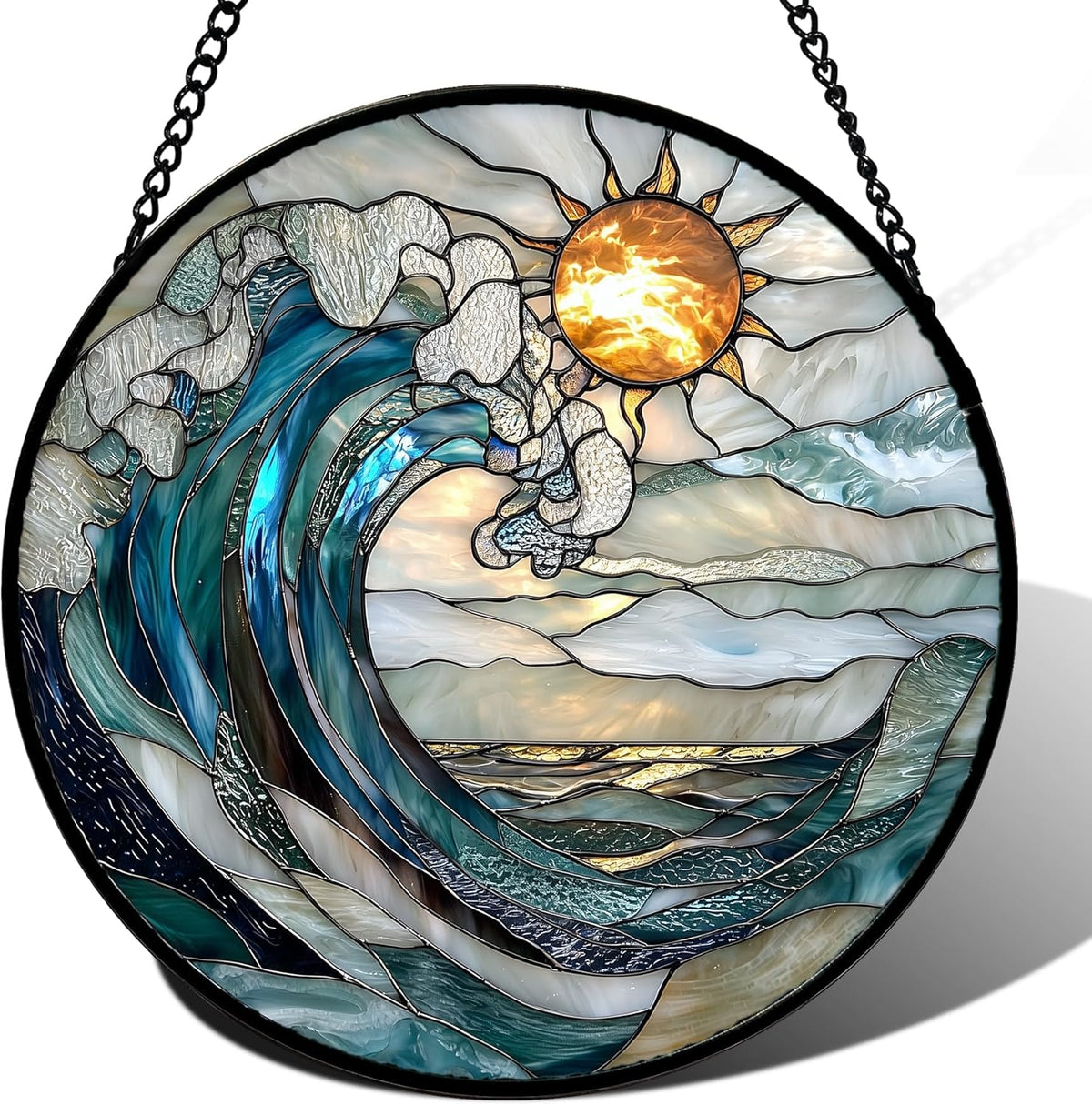 Stained Glass Window Hanging, Blue and White Waves Suncatcher Diamond Glass Panel Landscape Sun