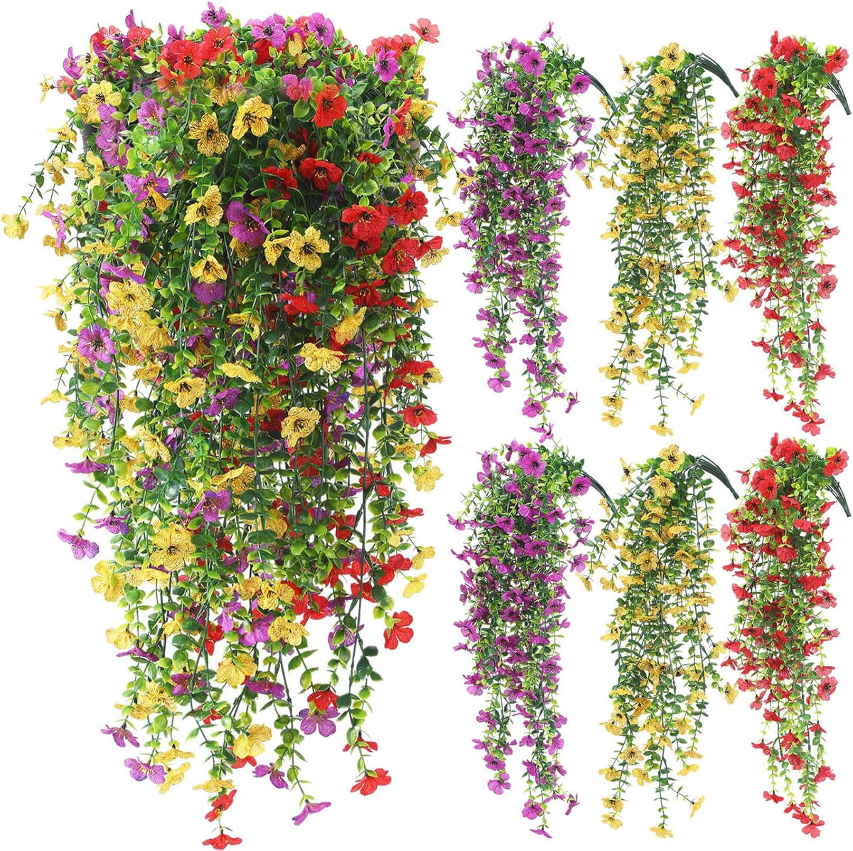 6 Pcs Artificial Fall Hanging Flowers Outdoor Silk Mum Plants Autumn Decor Faux Violet with