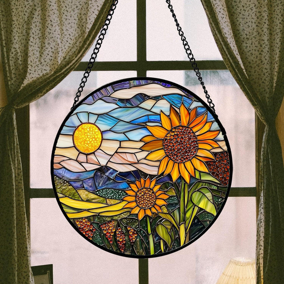 Stained Glass Suncatcher, Sunflower Flowers Landscape Sun Catcher Plant Mountains Stain Glass