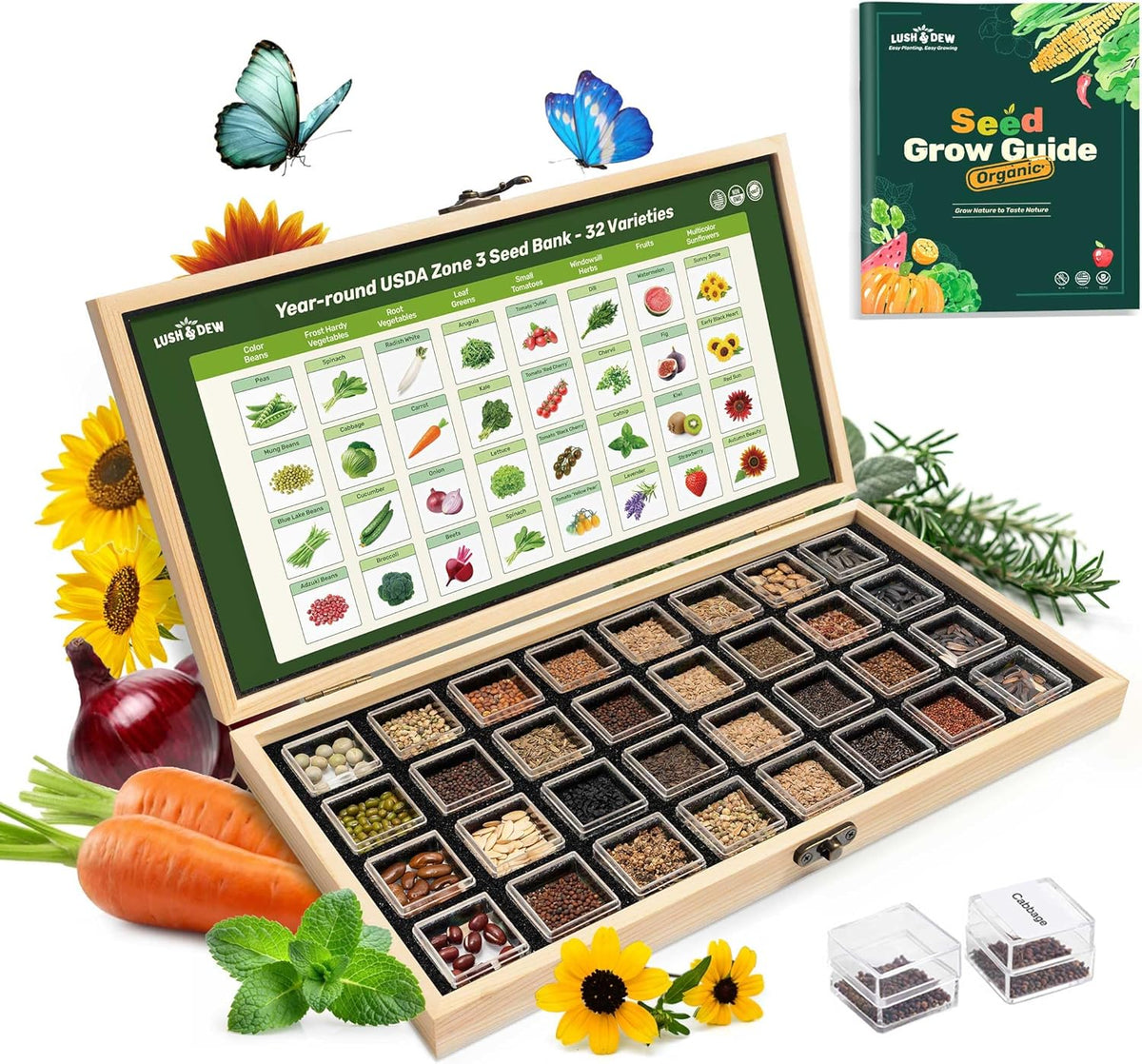 Lush&Dew USDA Zone 3 Seed Bank, Gardening Gifts for Women Men, 32 Varieties Non-GMO Heirloom Seeds