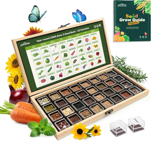 Lush&Dew USDA Zone 3 Seed Bank, Gardening Gifts for Women Men, 32 Varieties Non-GMO Heirloom Seeds