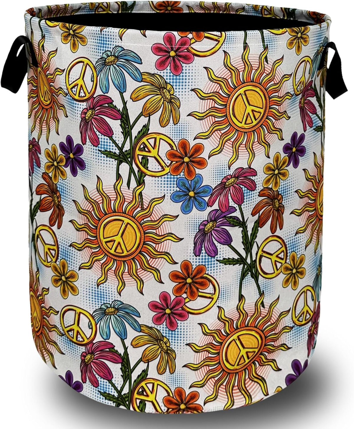 Colorful Hippie Peace Flowers Laundry Basket Foldable With Handles Tote Bag Oxford Cloth Funny