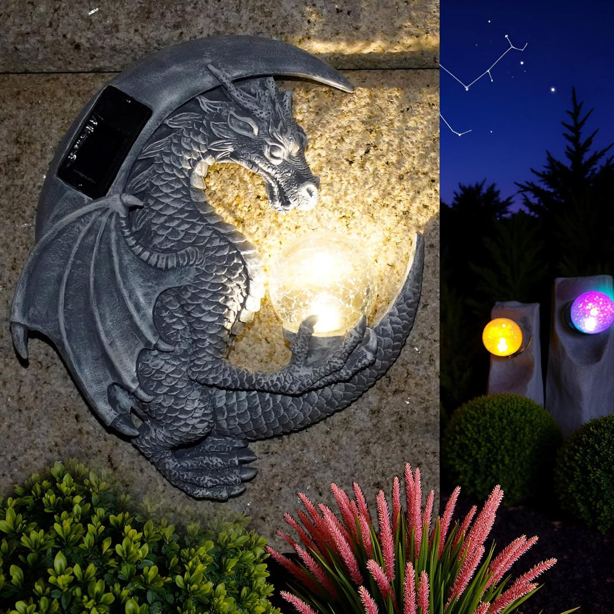 Dragon Tree Hugger Solar Magic Orb Garden Statue Dragon Solar LED Lights Decor Sun Moom for Your
