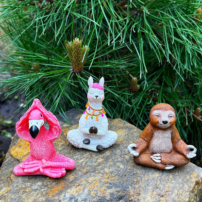 Mood Lab Miniature Yoga Figurines Set - Funny Mini Statue Kit of 3 pcs - Flamingo, Lama & Sloth in