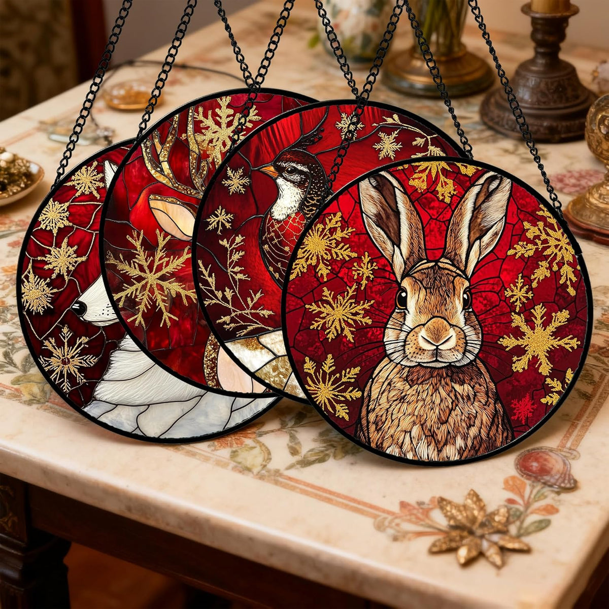 Stained Glass Window Hanging 4 Pcs Set Red Golden Snowflakes 7.8" - Christmas Elk Rabbit Suncatcher