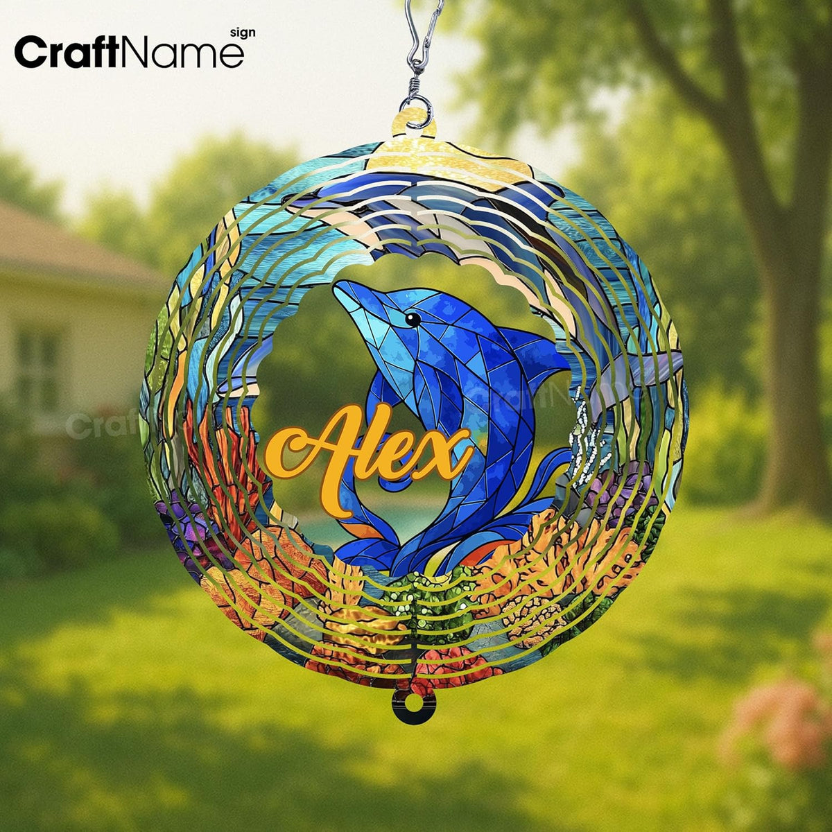 Personalized Dolphin Wind Spinner 3D Stainless Steel, Dolphin Garden Spinner Hanging Outdoor Decor