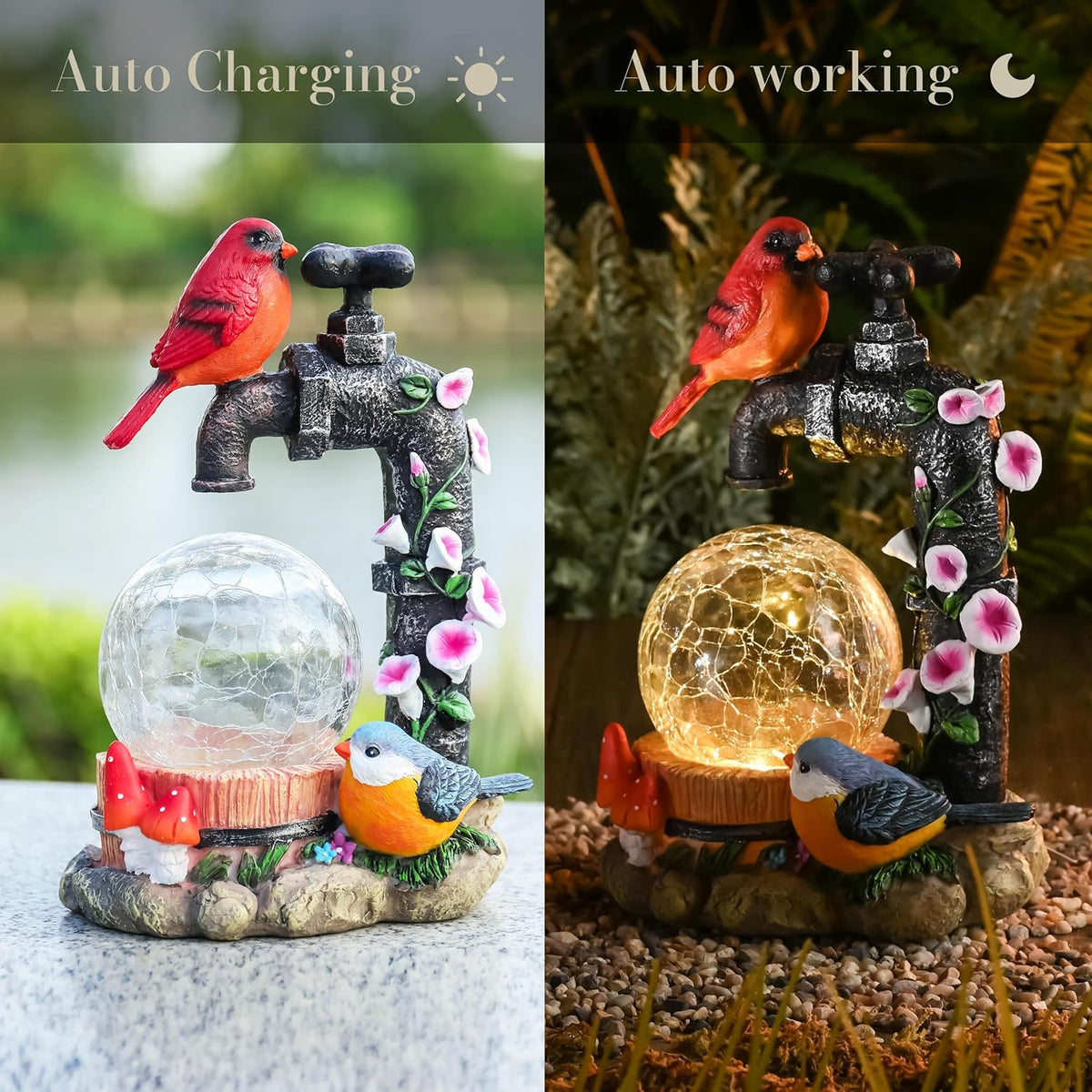 TERESA'S COLLECTIONS Garden Decor, Cardinal Garden Decor, Cute Cardinal and Faucet and Solar Light