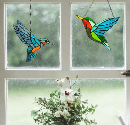 2 Pack Hummingbird Stained Glass Birds Window Hangings, Stained Glass Decorations,Bird Suncatcher