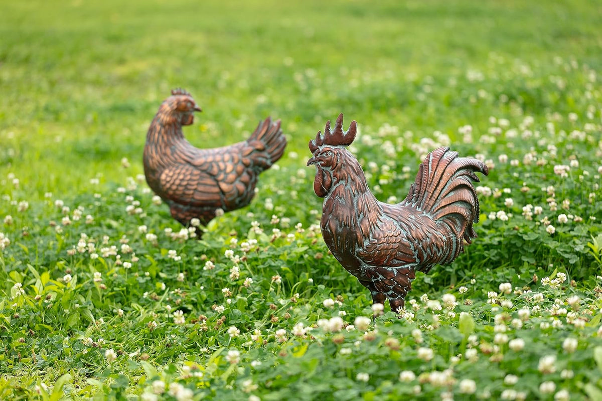 Metal Chicken Yard Decor, Farmhouse Metal Rooster Hen Yard Art, Outdoor Chicken Garden Statues