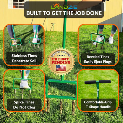 Landzie - The Original Hollow and Spike Tine Lawn Aerator Set - Includes 1 Aerator + Set of 3