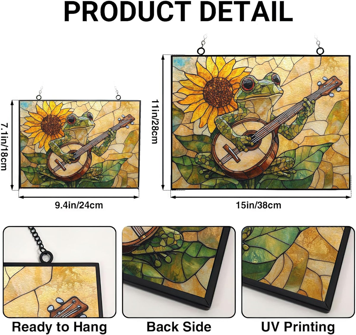 Customized Rectangle Boho Frog Playing Banjo Stained Glass Window Hanging Suncatcher Stained Glass