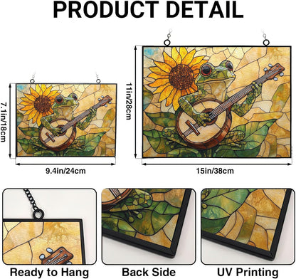 Customized Rectangle Boho Frog Playing Banjo Stained Glass Window Hanging Suncatcher Stained Glass