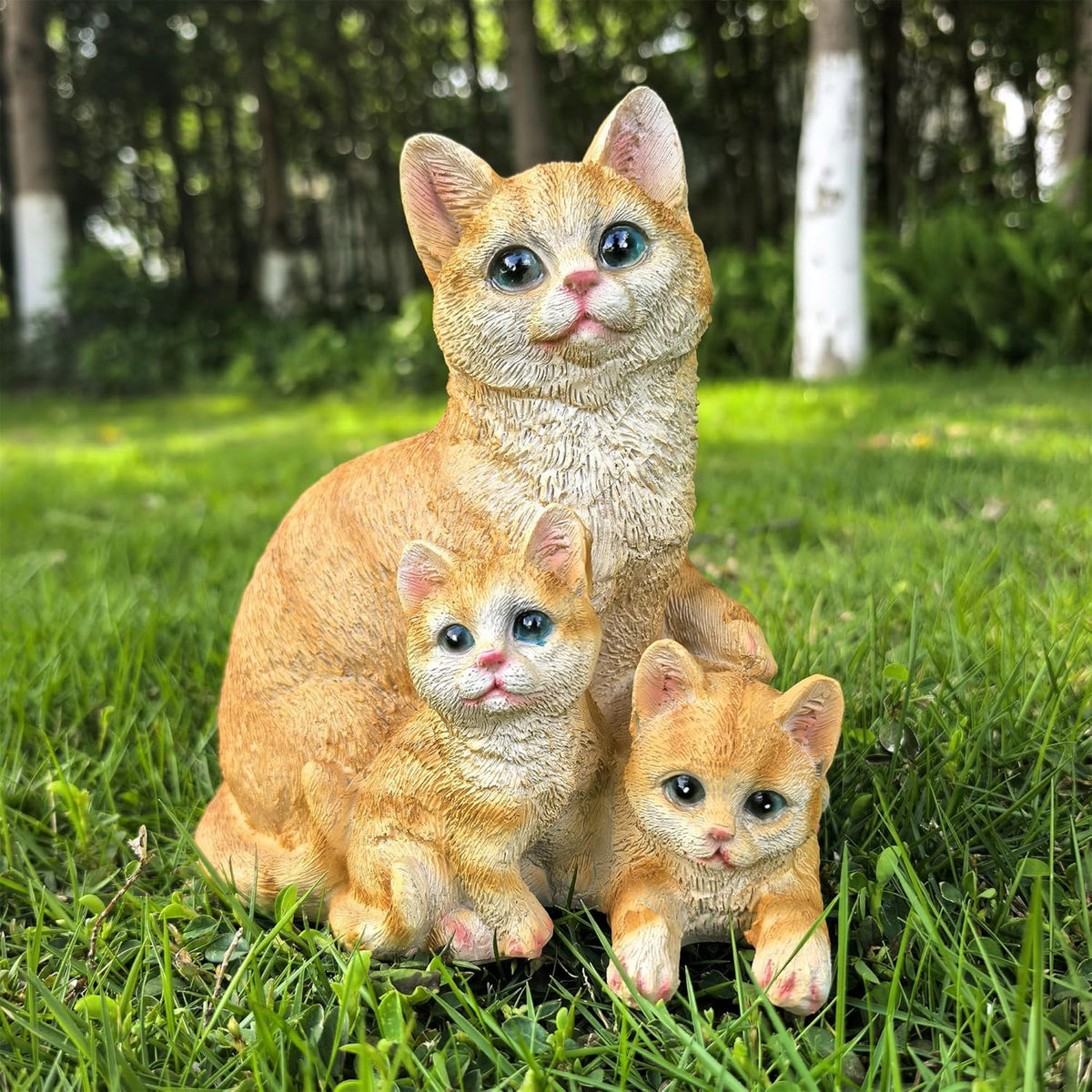 Mama Cat and Kitten Garden Statue,Outdoor Lawn Decorative Figurine Yellow Cat Statue for Patio