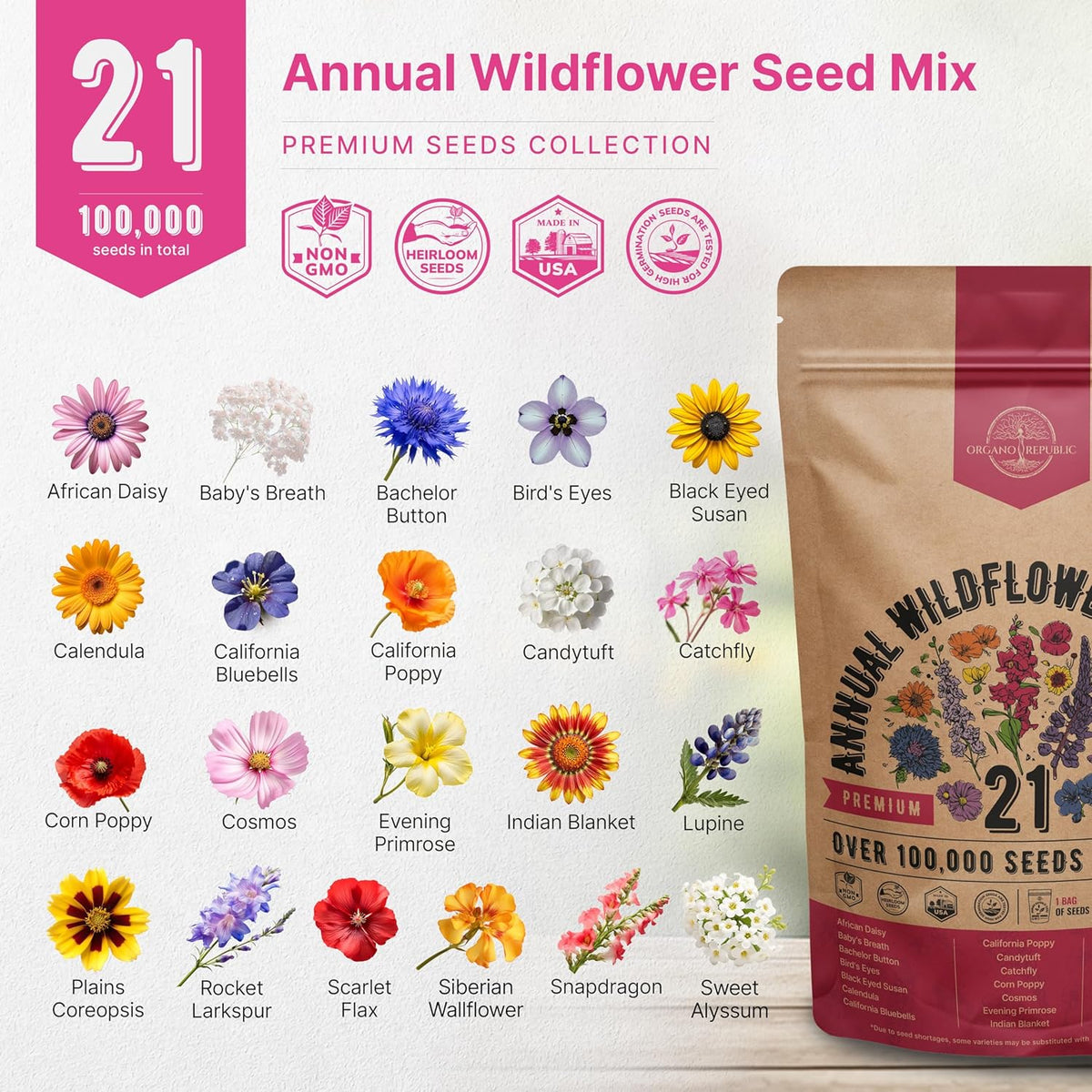 Organo Republic 21 Annual Wildflower Seeds Mix for Indoor & Outdoors. 100,000+ Non-GMO, Heirloom