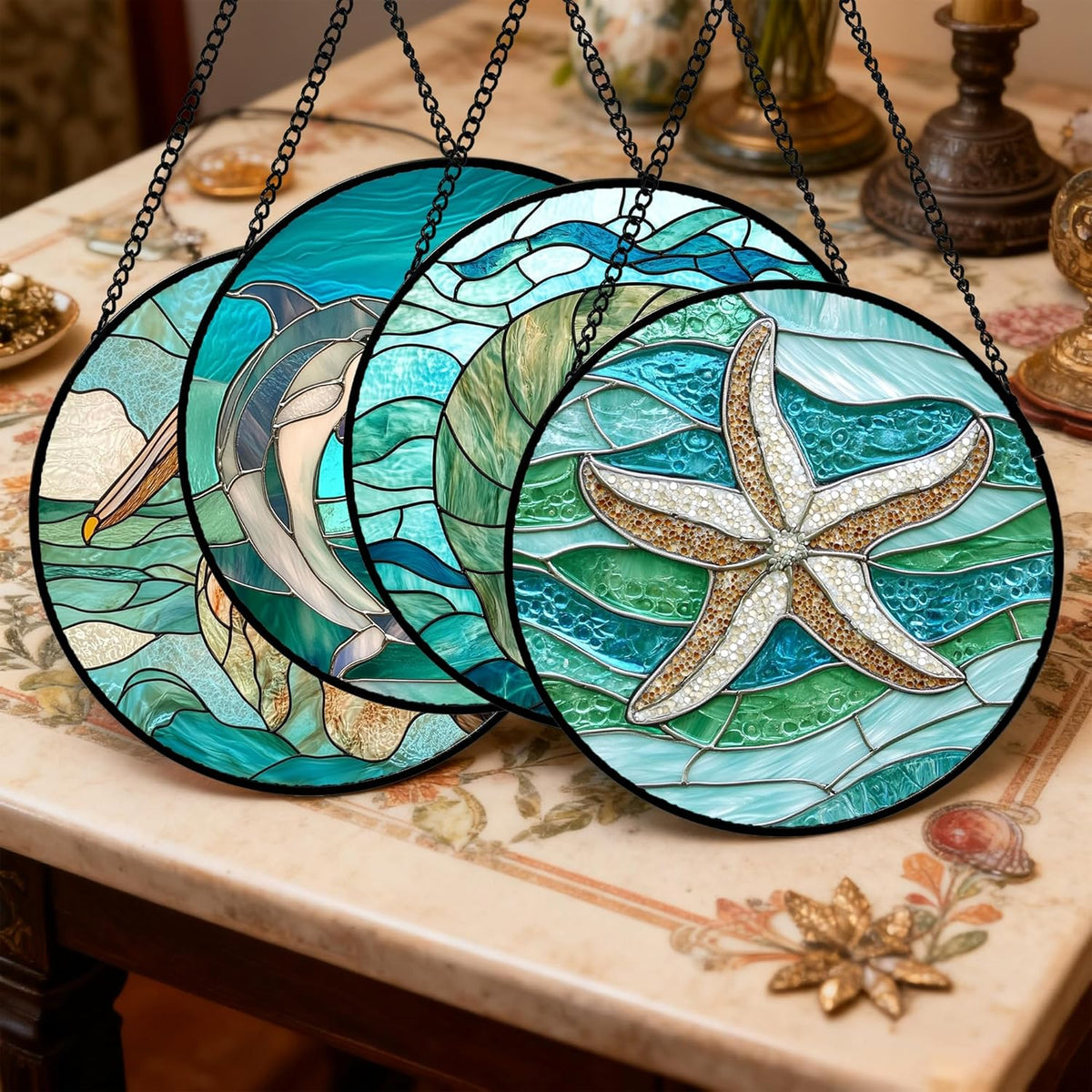 Stained Glass Window Hanging 4 Pcs Set Cyan Ocean Life Theme Large 11.8" - Sea Starfish Suncatcher